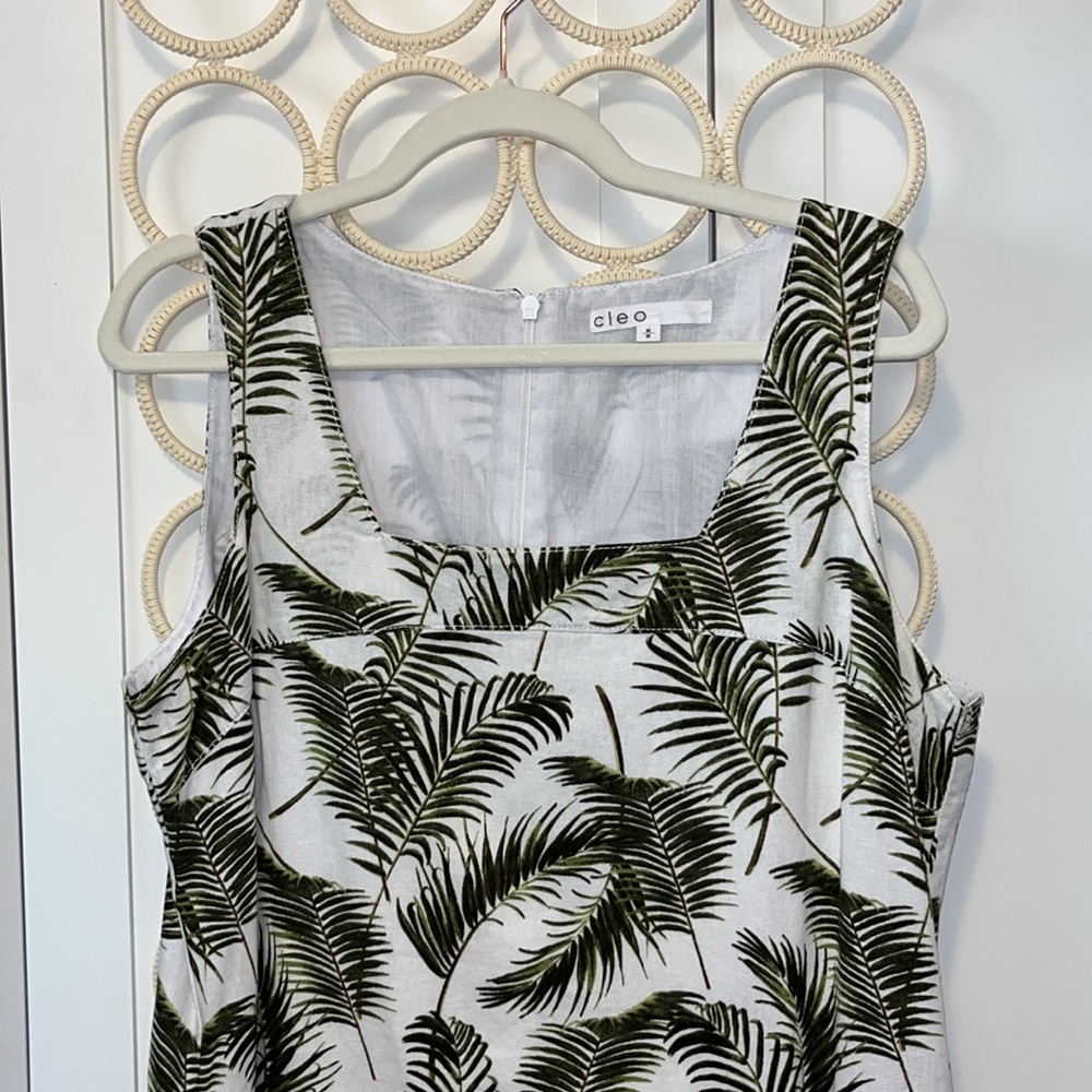 Cleo women M Leaf pattern dress Linen Blend pockets square neckline lined